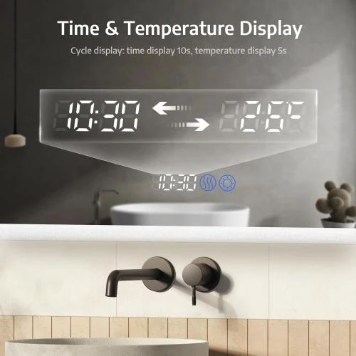 Détail de Miroir Salle de Bain LED, Horloge, Variateur, Désembueur