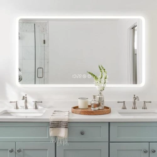 Miroir Salle de Bain LED, Horloge, Variateur, Désembueur - Vue principale