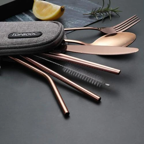 Détail de Couverts portables acier inoxydable Topbooc, étui étanche rose gold