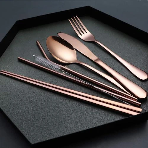 Zoom sur Couverts portables acier inoxydable Topbooc, étui étanche rose gold