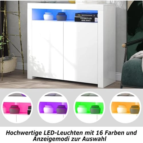 Zoom sur Commode LED blanche BTM, meuble TV, rangement moderne