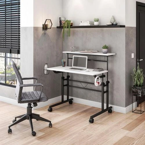 Détail de Bureau roulant Techni Mobili, blanc, hauteur ajustable, étagère mobile
