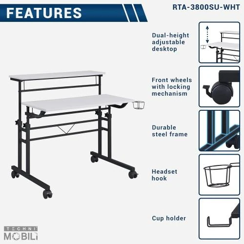 Zoom sur Bureau roulant Techni Mobili, blanc, hauteur ajustable, étagère mobile