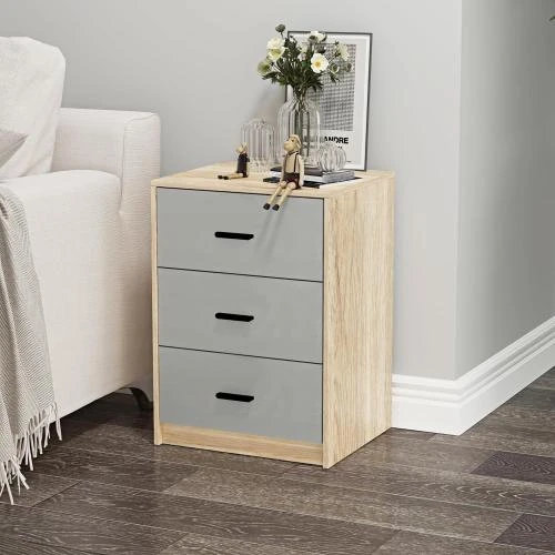 Détail de Table de chevet URBNLIVING bois chêne, 3 tiroirs gris