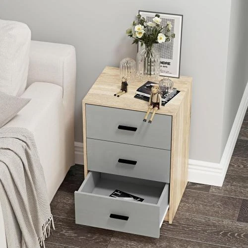 Zoom sur Table de chevet URBNLIVING bois chêne, 3 tiroirs gris