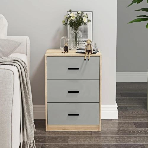 Table de chevet URBNLIVING bois chêne, 3 tiroirs gris - Vue principale