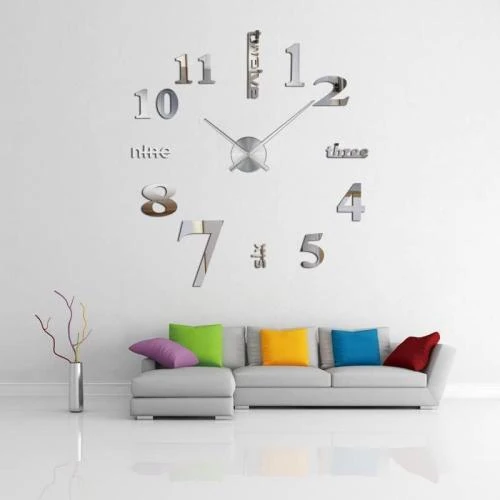 Zoom sur Horloge Murale 3D Argent, Sticker Décoration Bureau