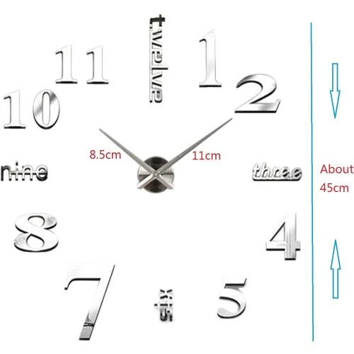 Détail de Horloge Murale 3D Argent, Sticker Décoration Bureau