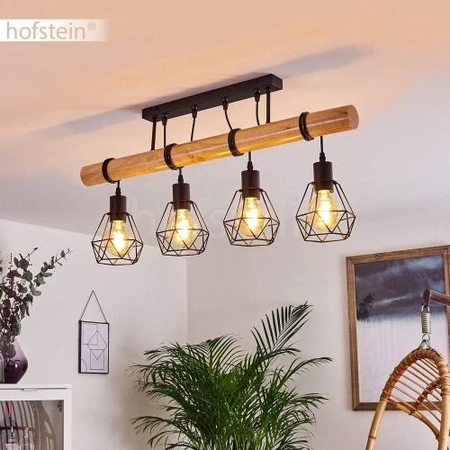 Détail de Suspension Yaak bois, métal noir, 4 lampes vintage
