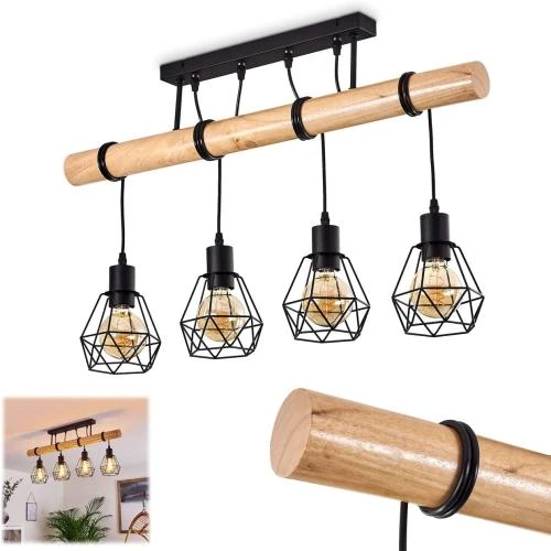 Suspension Yaak bois, métal noir, 4 lampes vintage - Vue principale