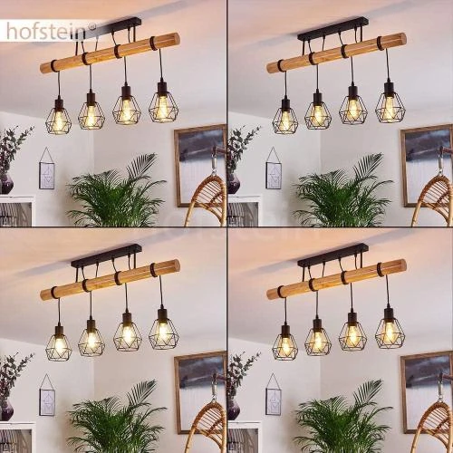 Zoom sur Suspension Yaak bois, métal noir, 4 lampes vintage