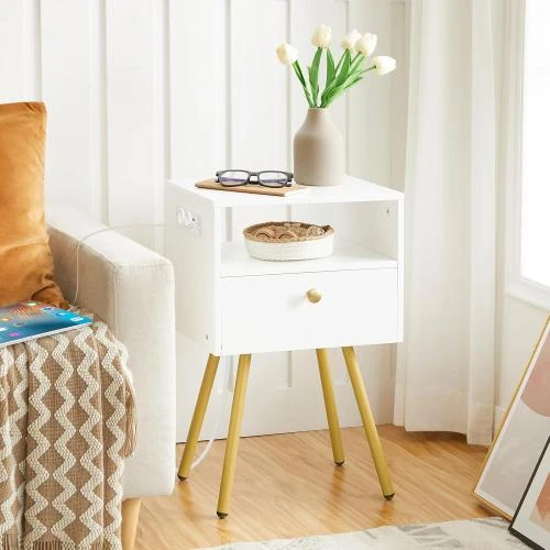 Zoom sur Table de Nuit HOOBRO, Table de Chevet USB, Blanc, Or