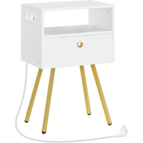 Table de Nuit HOOBRO, Table de Chevet USB, Blanc, Or - Vue principale