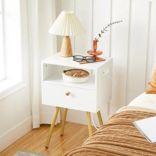 Détail de Table de Nuit HOOBRO, Table de Chevet USB, Blanc, Or
