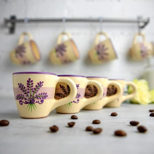 Détail de Tasses Espresso Ceramique Beige Motif Lavande, City to Cottage