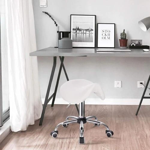 Zoom sur Tabouret de Selle Rembourré Similicuir Blanc, Pivotant