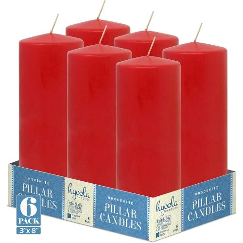 Détail de Bougies Piliers Rouges Inodores Hyoola, Pack de 6