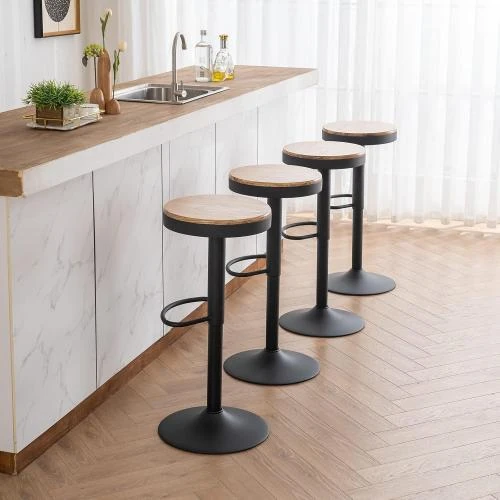 Zoom sur Tabouret Bar Bois, Hauteur Réglable, Pivotant 360°, Noir
