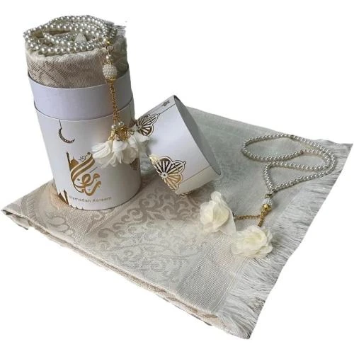 Coffret cadeau musulman, tapis prière, tasbih, misvak, blanc - Vue principale