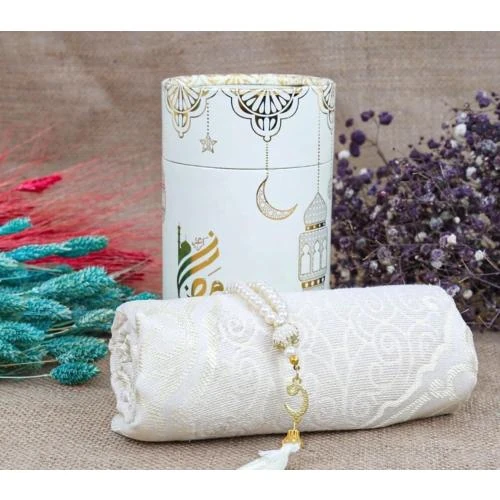 Détail de Coffret cadeau musulman, tapis prière, tasbih, misvak, blanc
