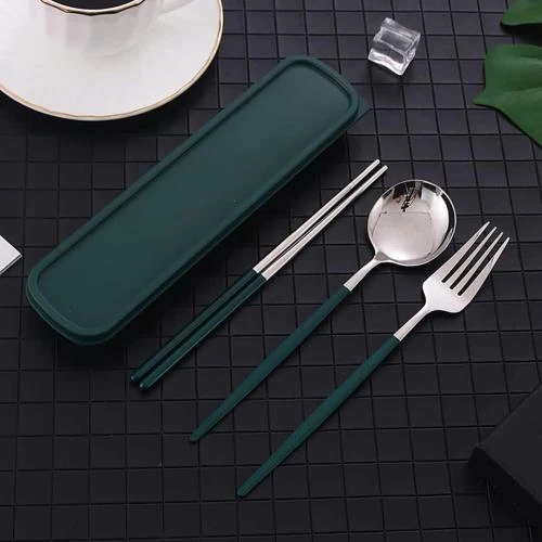 Détail de Couverts de voyage réutilisables acier inoxydable, vert foncé