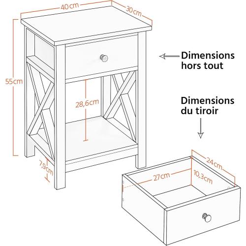 Présentation de Zoom sur Tables de Chevet Bois, 1 Tiroir, Étagère Rangement Blanc