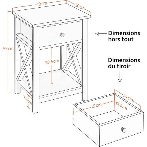 Zoom sur Tables de Chevet Bois, 1 Tiroir, Étagère Rangement Blanc