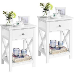 Tables de Chevet Bois, 1 Tiroir, Étagère Rangement Blanc
