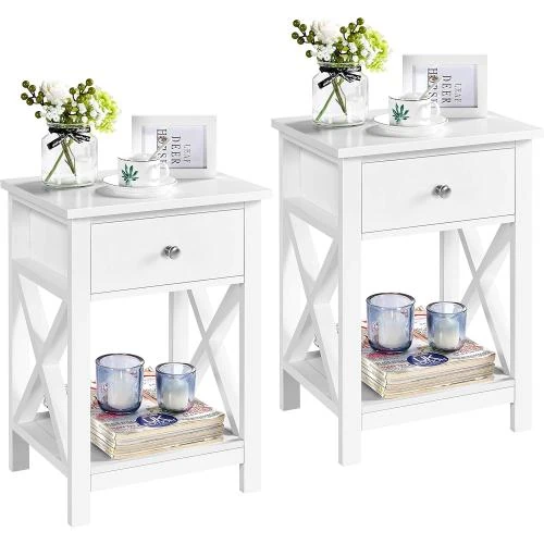 Tables de Chevet Bois, 1 Tiroir, Étagère Rangement Blanc - Vue principale