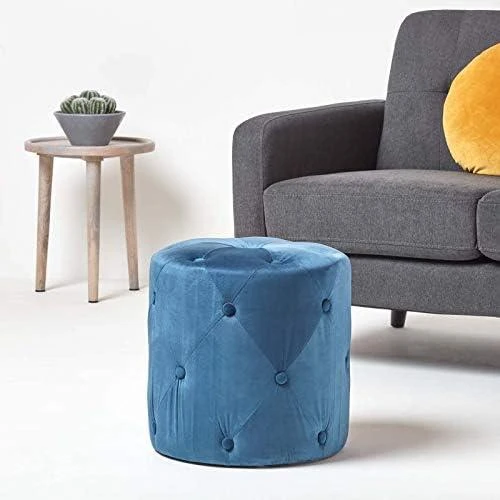 Détail de Pouf Rond en Velours Capitonné Windsor - Tabouret Chic