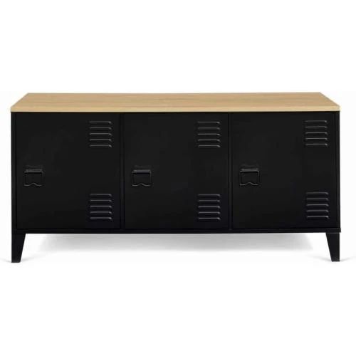 Zoom sur Buffet Bas Noir Métal, Plateau Bois Design Industriel