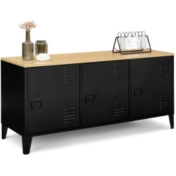 Buffet Bas Noir Métal, Plateau Bois Design Industriel