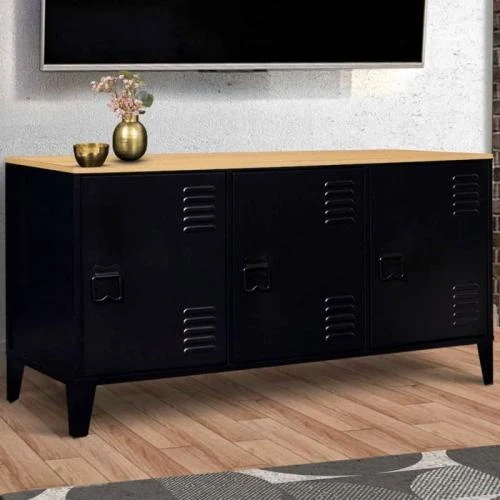 Détail de Buffet Bas Noir Métal, Plateau Bois Design Industriel
