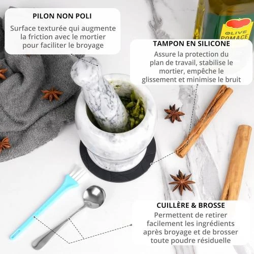 Zoom sur Ensemble Mortier Pilon Marbre Gris, Broyeur Épices Herbes