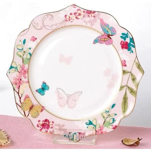 Zoom sur Assiette dessert porcelaine anglaise, motif papillon, rose