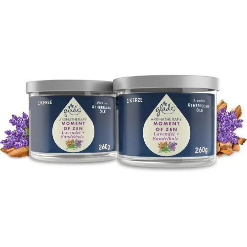 Bougies parfumées Glade, huiles essentielles lavande, bois de santal - Vue principale