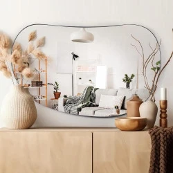 Miroir mural asymétrique, cadre fer, motif galets, décoration unique
