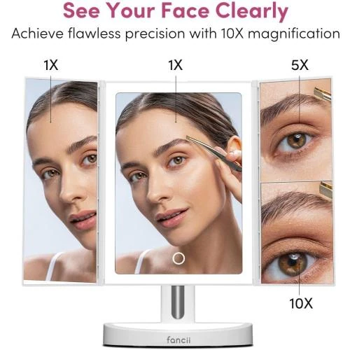 Détail de Miroir Maquillage Lumineux LED Rechargeable, Grossissant 10x, Écran Tactile