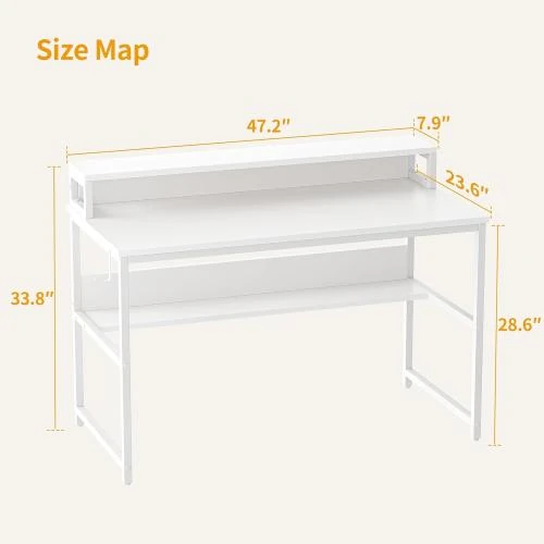 Zoom sur Bureau Gaming Informatique Stable, Etagère, Pied Réglable, Noir Blanc