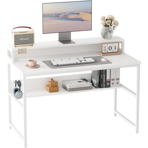 Bureau Gaming Informatique Stable, Etagère, Pied Réglable, Noir Blanc - Vue principale