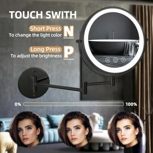Zoom sur Miroir maquillage mural SLIMOON, grossissement 1x 10x, éclairage