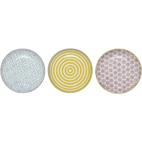 Assiettes en céramique, lot 3, bleu, jaune, violet - Vue principale