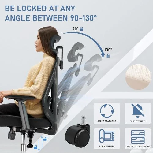 Zoom sur Chaise Bureau Ergonomique Noir, Soutien Lombaire, Accoudoirs