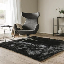 Tapis Shaggy Noir Carré Poils Longs pour Salon Moderne
