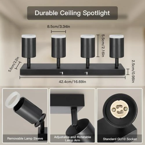 Zoom sur Plafonnier LED 4 Spots Orientables Dehobo, Noir Moderne