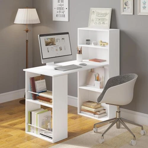Détail de Bureau Informatique eSituro, Rangement, Bois Blanc, 6 Étagères