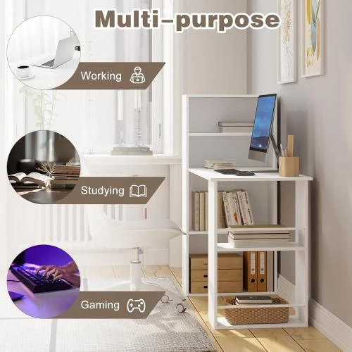 Zoom sur Bureau Informatique eSituro, Rangement, Bois Blanc, 6 Étagères