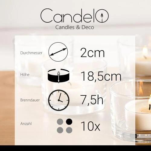 Détail de Set 10 bougies blanches coniques, 7,5 heures combustion