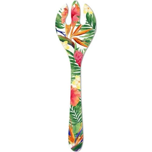 Zoom sur Couverts Salade Melamine Fleurs Exotiques Rouge Vert, Les Jardins de la Comtesse