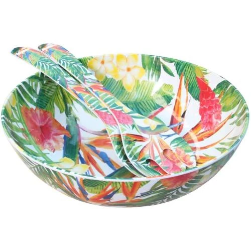 Détail de Couverts Salade Melamine Fleurs Exotiques Rouge Vert, Les Jardins de la Comtesse
